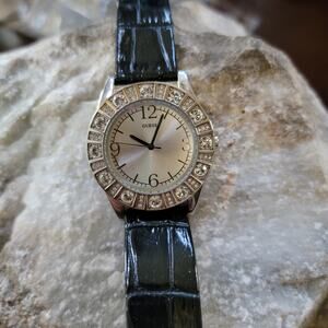 Vintage GUESS Crystal Bezel Watch Black Leather Strap Silver Dial Glam Chic Lux